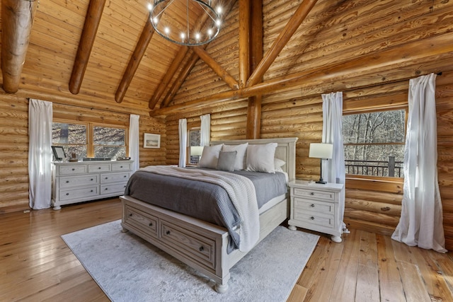 bedroom featuring log walls and high vaulted ceiling