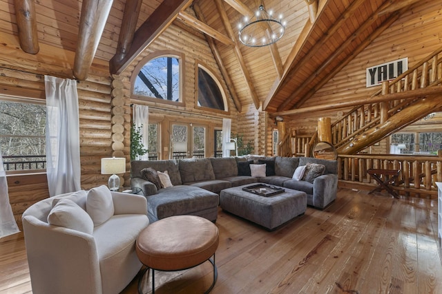 living room featuring beam ceiling, wood-type flooring, high vaulted ceiling, wooden ceiling, and log walls