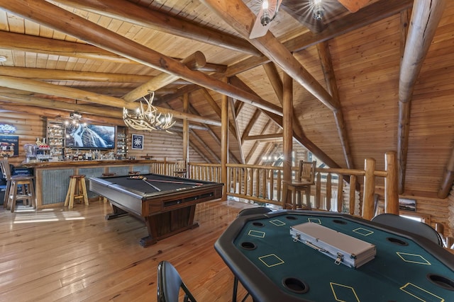 game room with billiards, lofted ceiling with beams, log walls, wood ceiling, and light wood-type flooring