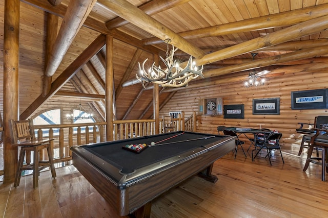 recreation room featuring an inviting chandelier, hardwood / wood-style floors, log walls, and wooden ceiling