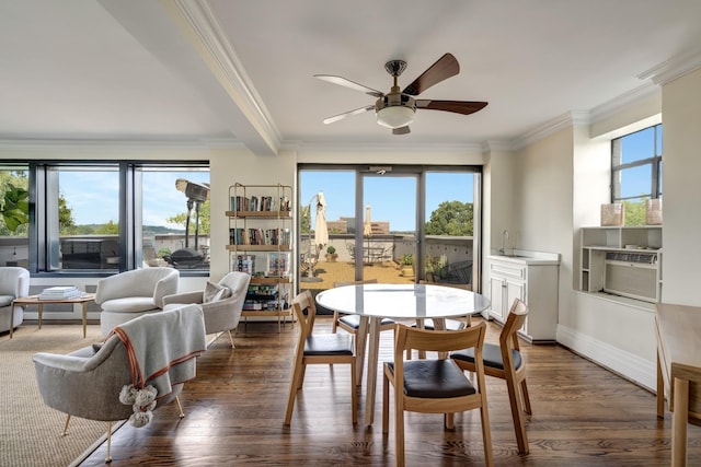 dining space featuring sink, ornamental molding, dark hardwood / wood-style flooring, beamed ceiling, and ceiling fan