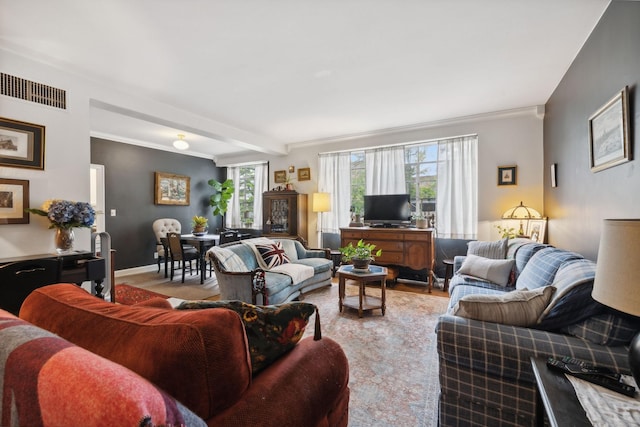 living room with ornamental molding