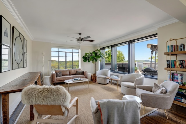 living room with crown molding, ceiling fan, and hardwood / wood-style floors