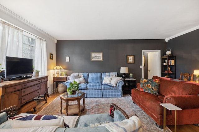 living room with crown molding and light hardwood / wood-style flooring