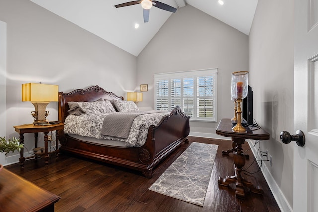 bedroom featuring ceiling fan, high vaulted ceiling, beam ceiling, and hardwood / wood-style floors