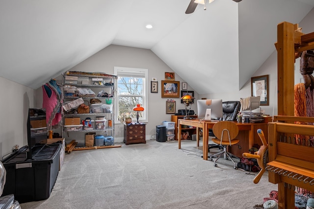 office with vaulted ceiling, carpet flooring, and ceiling fan