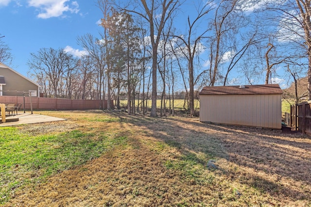 view of yard with a storage unit and a patio