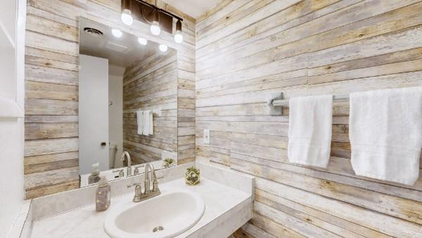 bathroom with wooden walls and a sink