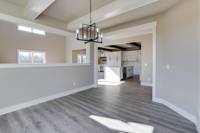 unfurnished dining area with sink, beam ceiling, a notable chandelier, and hardwood / wood-style flooring