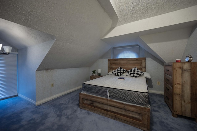 carpeted bedroom with lofted ceiling and a textured ceiling