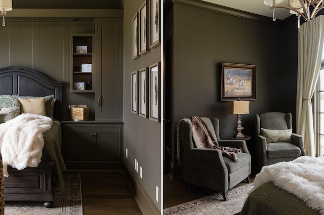 bedroom featuring dark wood-type flooring, ornamental molding, and a notable chandelier