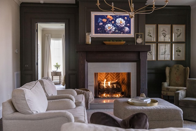 living room with ornamental molding