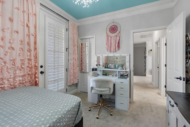 carpeted bedroom with ornamental molding