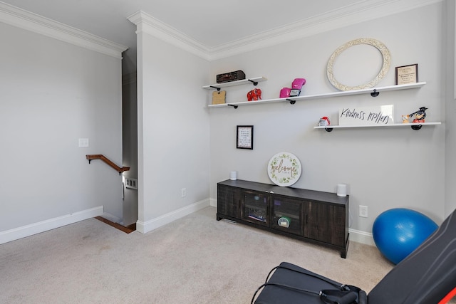 interior space featuring ornamental molding and light carpet