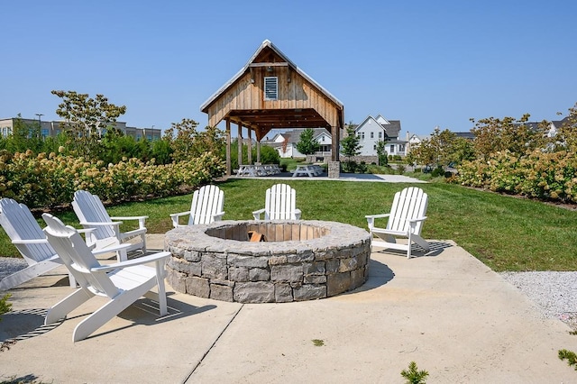 view of patio with a gazebo and an outdoor fire pit