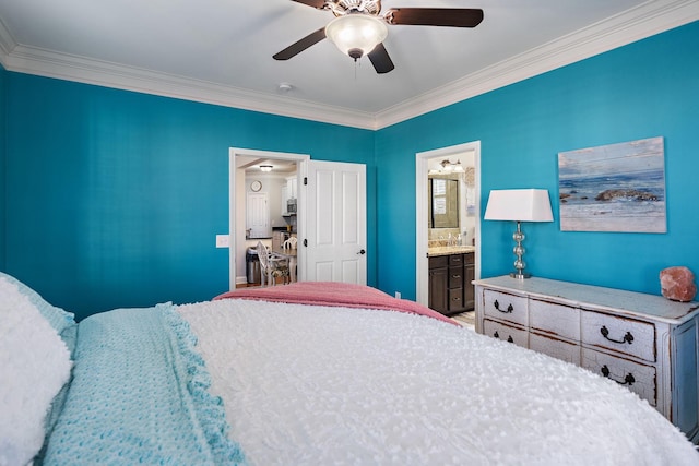 bedroom with ceiling fan, ornamental molding, and connected bathroom