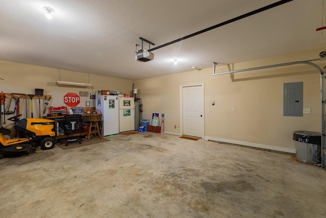 garage with white refrigerator, a garage door opener, and electric panel