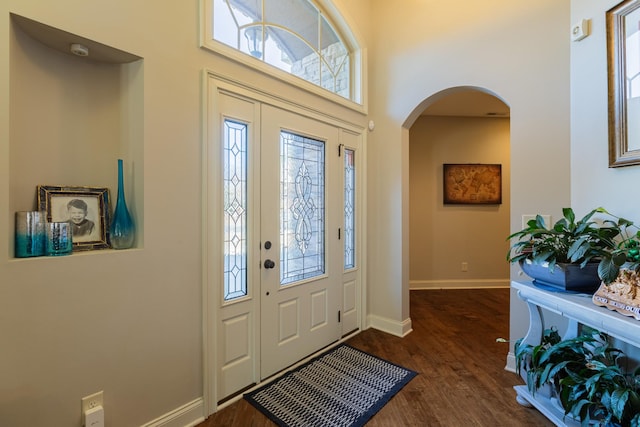 foyer featuring dark wood-type flooring and a high ceiling