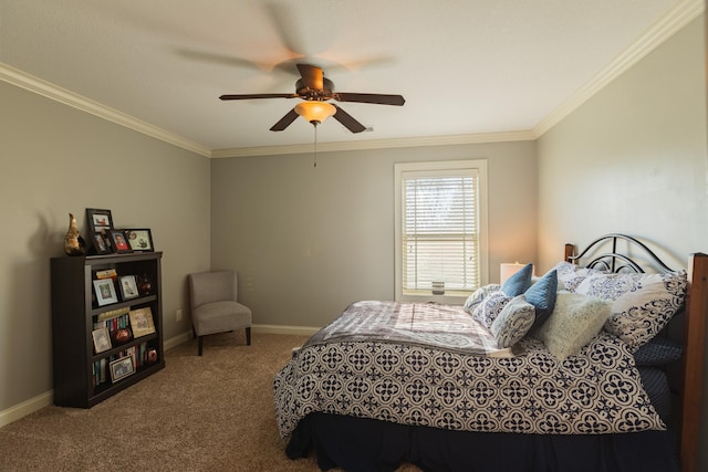 carpeted bedroom with ornamental molding and ceiling fan