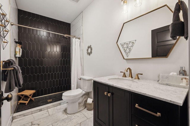 bathroom featuring vanity, toilet, and a shower with shower curtain