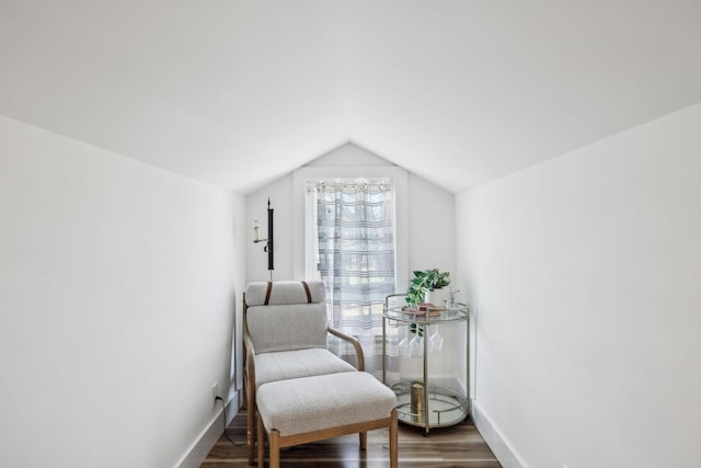 living area featuring vaulted ceiling and wood-type flooring