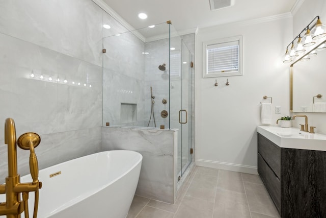 bathroom featuring vanity, tile patterned floors, ornamental molding, and shower with separate bathtub