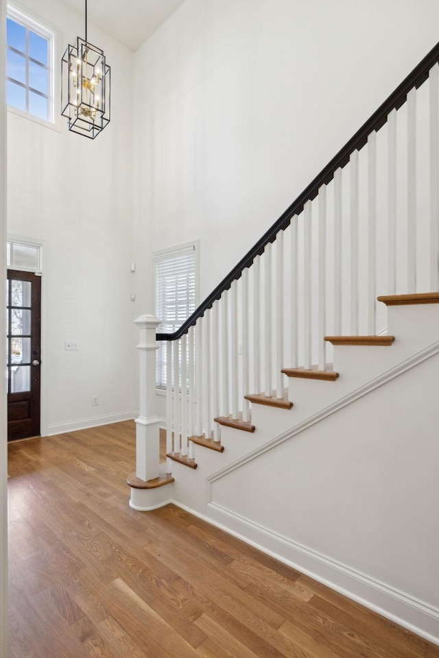 entrance foyer featuring a healthy amount of sunlight, wood-type flooring, and a high ceiling