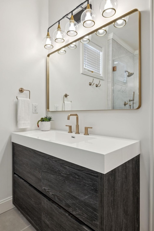 bathroom with vanity, tile patterned floors, and walk in shower