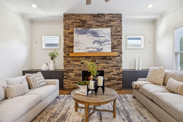 living room featuring ornamental molding, a fireplace, and hardwood / wood-style floors