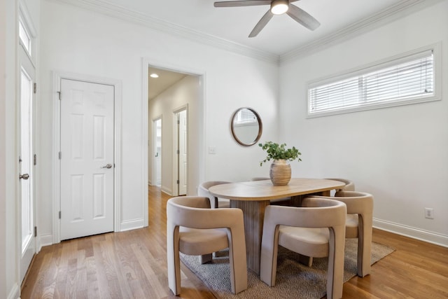 dining area featuring ornamental molding, ceiling fan, and light wood-type flooring