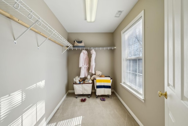 walk in closet featuring carpet flooring