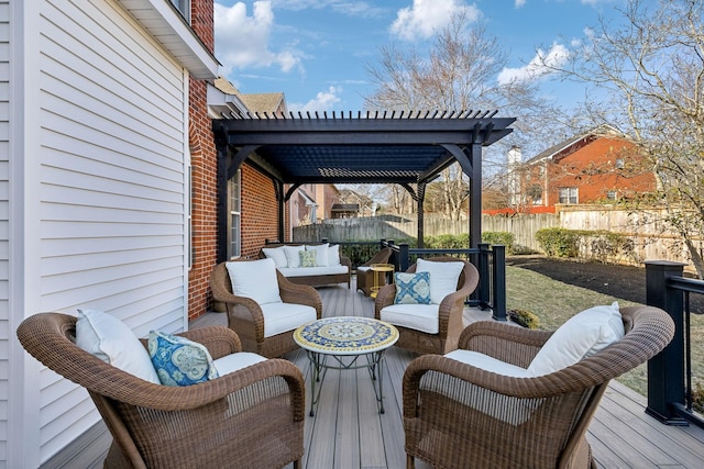 wooden deck with an outdoor living space and a pergola