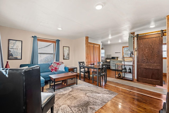 living room with wood-type flooring, a barn door, and a healthy amount of sunlight