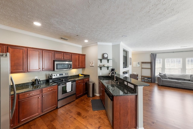 kitchen featuring crown molding, appliances with stainless steel finishes, sink, and dark stone counters