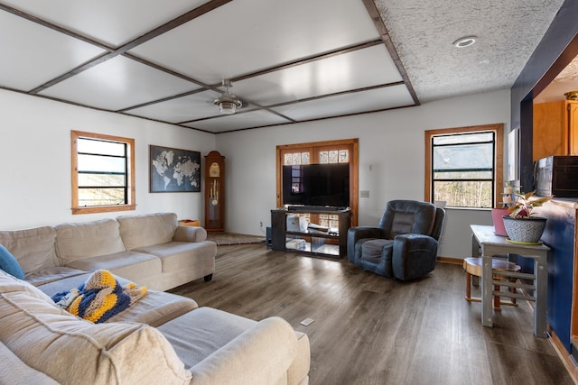 living room with coffered ceiling and dark hardwood / wood-style floors