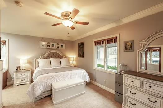 carpeted bedroom with crown molding and ceiling fan