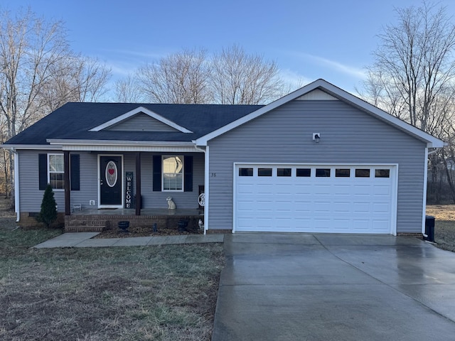 ranch-style home with a garage, a porch, and a front yard