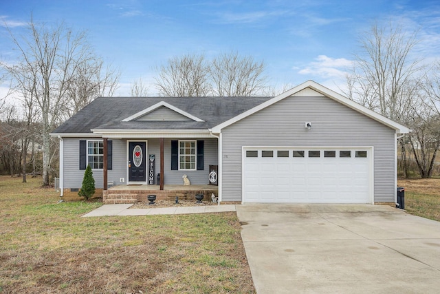 single story home featuring a garage, a porch, and a front yard