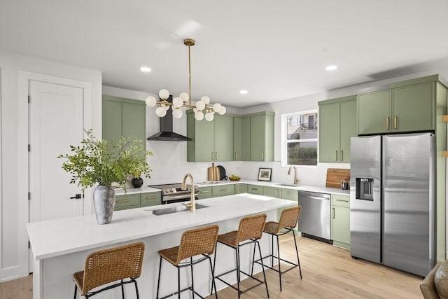 kitchen featuring green cabinets, appliances with stainless steel finishes, and sink