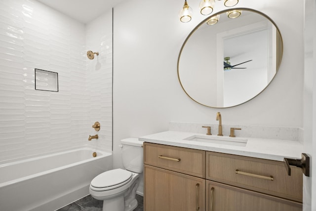 full bathroom featuring vanity, toilet, bathing tub / shower combination, and tile patterned flooring