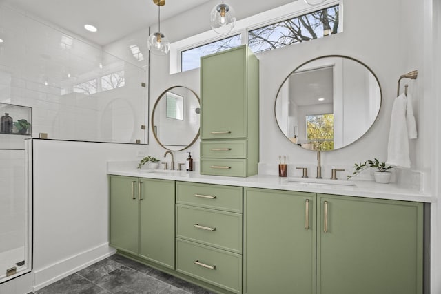 bathroom with vanity and tiled shower