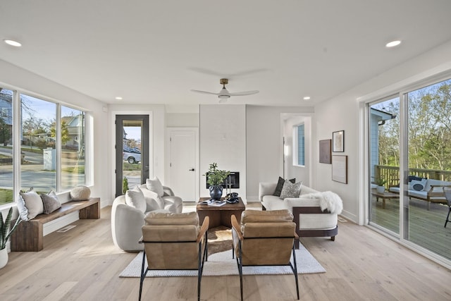 living room with ceiling fan and light wood-type flooring