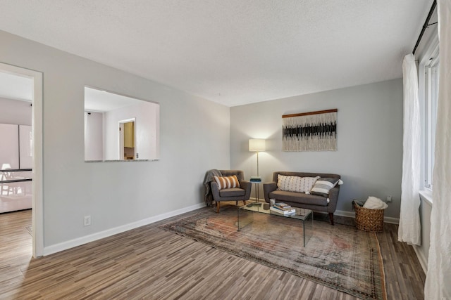 living area featuring wood-type flooring and a textured ceiling