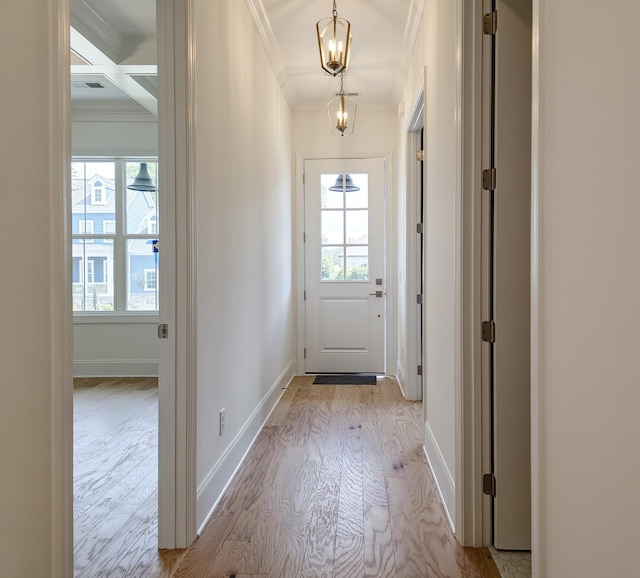 entryway featuring ornamental molding, light wood-type flooring, and a wealth of natural light