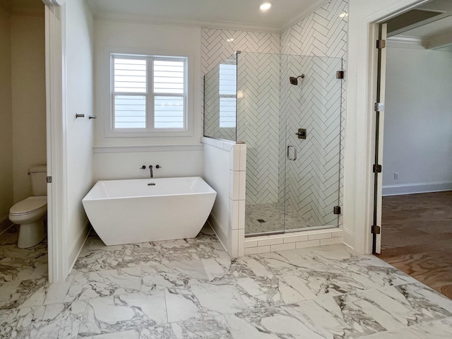 bathroom featuring ornamental molding and plus walk in shower