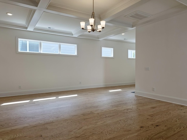 empty room featuring coffered ceiling, hardwood / wood-style floors, beam ceiling, and ornamental molding