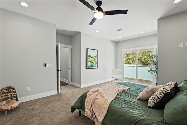 bedroom featuring light carpet and ceiling fan