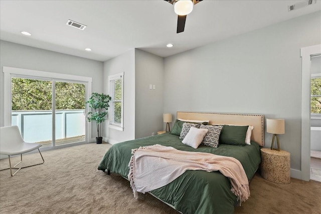 bedroom with carpet, access to exterior, and ceiling fan