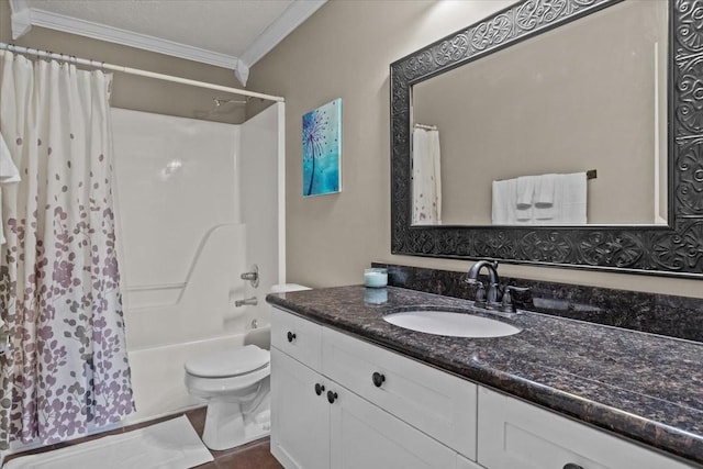 full bathroom with vanity, ornamental molding, shower / bath combination with curtain, and toilet