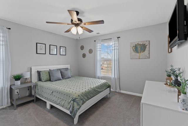 bedroom with ceiling fan and carpet